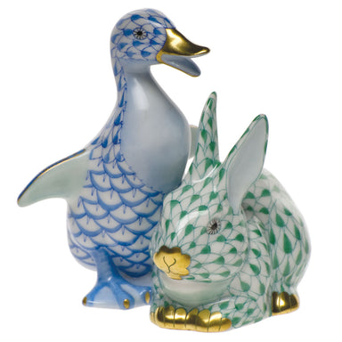 Herend Shaded Vhb + Vhv Duckling & Bunny 2.75"l X 3"h - Blue & Green