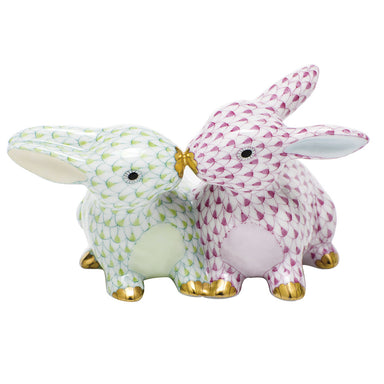 Herend Svhpv1 Shaded Pink & Lime Grn Kissing Bunnies 4.25"l X 2.25"h