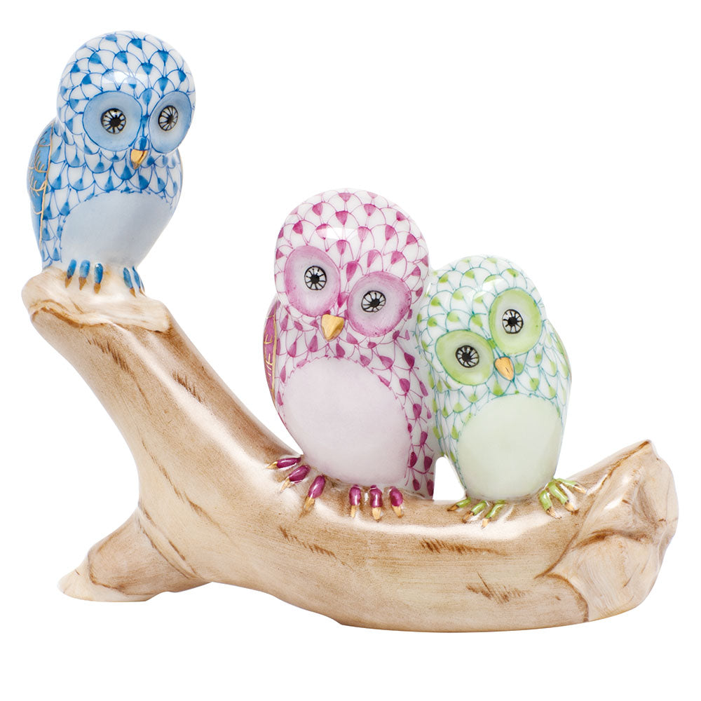 Herend Svhbm + Svhpm + Svhv1m + C Owls On Branch 4.25"w X 3.5"h, Blue+rasp+lime