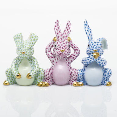 Herend Fishnet Lime + Pink + Blue Three Wise Bunnies 5.25"l X 3"h Lime,pink,blue