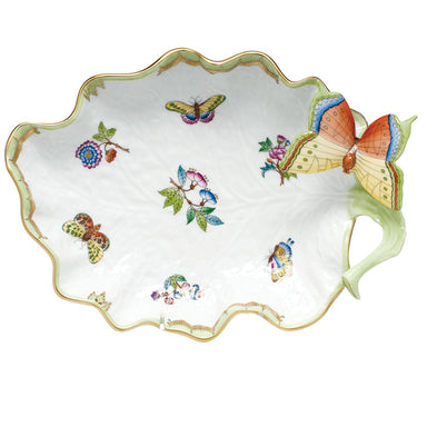 Herend Modified Vbo Large Leaf Dish W/butterfly 10.75"l - Green Border