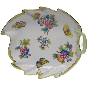 Herend Queen Victoria Leaf Dish  9.5"l - Green Border