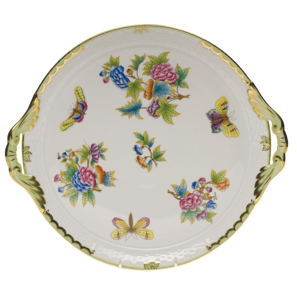 Herend Queen Victoria Round Tray W/handles  11.25"d - Green Border