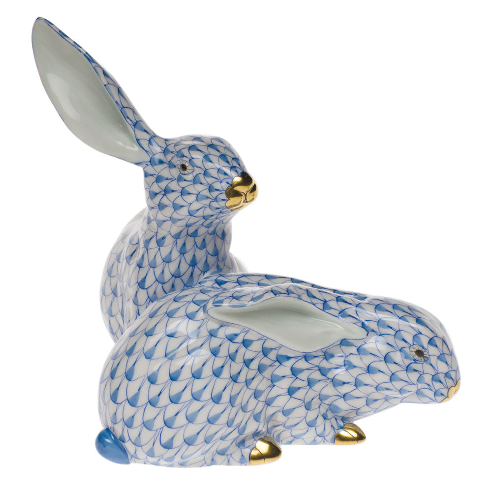 Herend Fishnet Blue Large Pair Of Rabbits 5"h