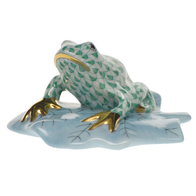 Herend Fishnet Green Frog On Lily Pad  1.75"h