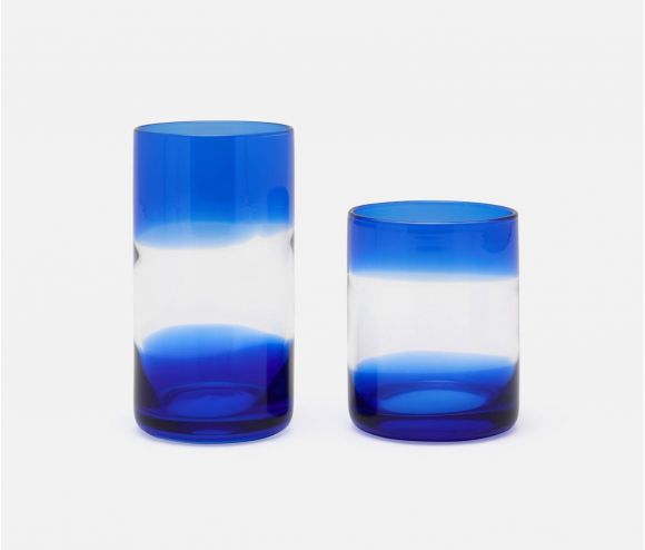 Blue/Clear Tumbler Glass, Hand Blown - Set of 6