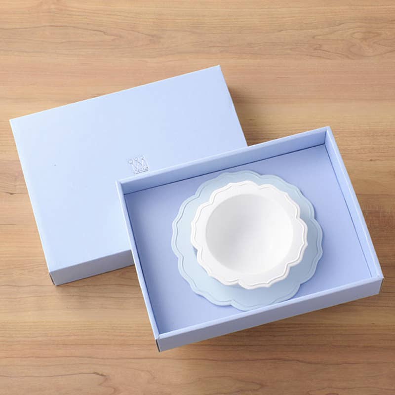 Child’s Sous Chef Bowl in white with baby blue plate