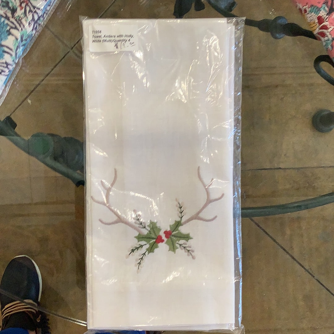 Guest Towel Antlers with Holly, White