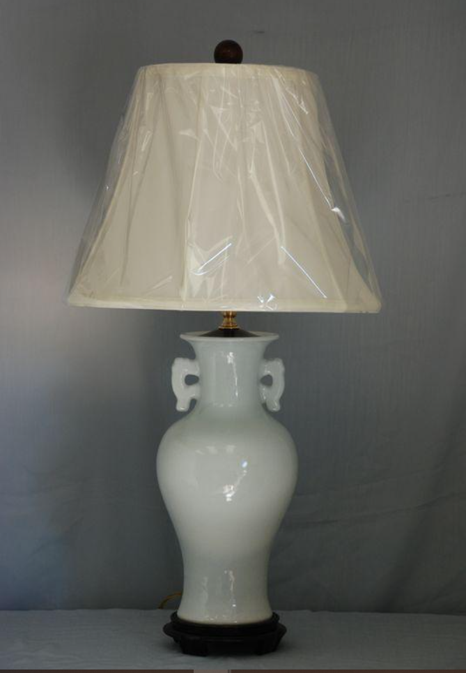 28” Porcelain Crackle White Vase Lamp with Linen White Hard Back Drum Shade